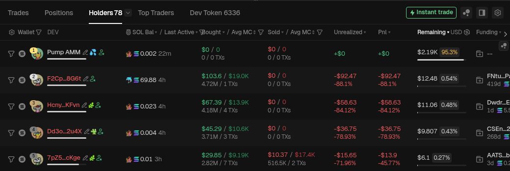 GMGN’s English Holders table. Pump AMM appears first, followed by wallet rows with Bought, Sold, Unrealized, Pnl and Remaining columns.