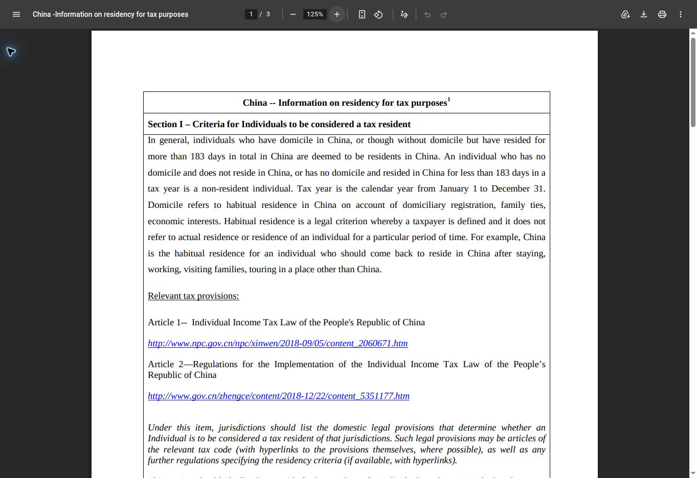 OECD官网中国税务居民认定说明第1页真实截图