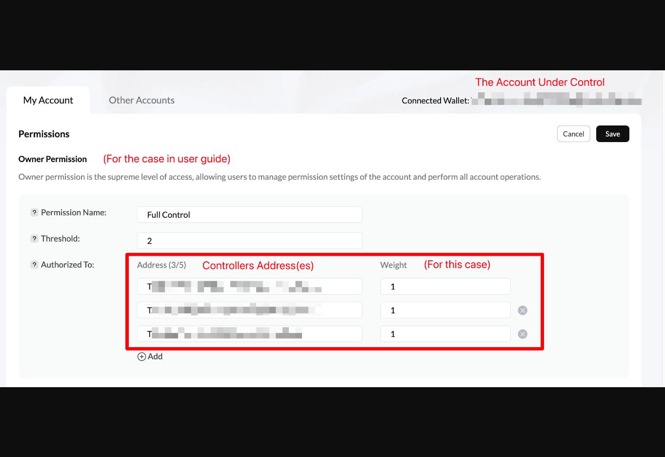 TRONSCAN 官方多签教程中的 Owner 权限设置截图